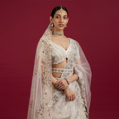 Beige Cream Sitara Embroidered Bridal Lehenga with Stone Work